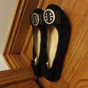 La Ballerina by Sonja Ricci Black Suede Slip on Flats with bow. Size 41 / 10.5